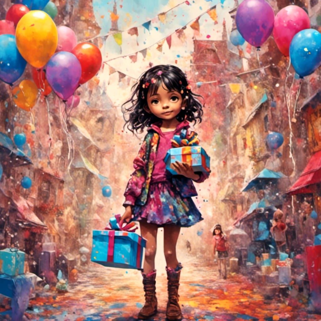 Collage Art: Little Girl at Birthday Party