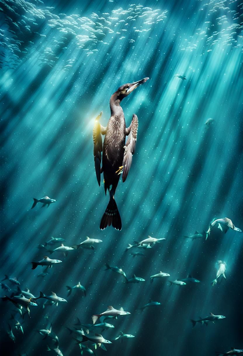 Underwater Cormorant Dive: Cinematic Film Still