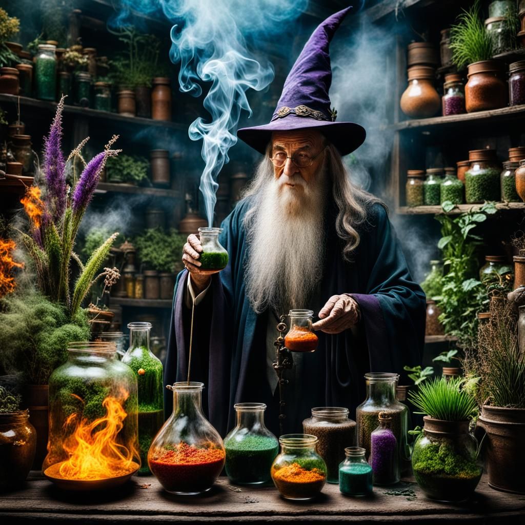 Magical Potion Brewing Scene with Elderly Wizard