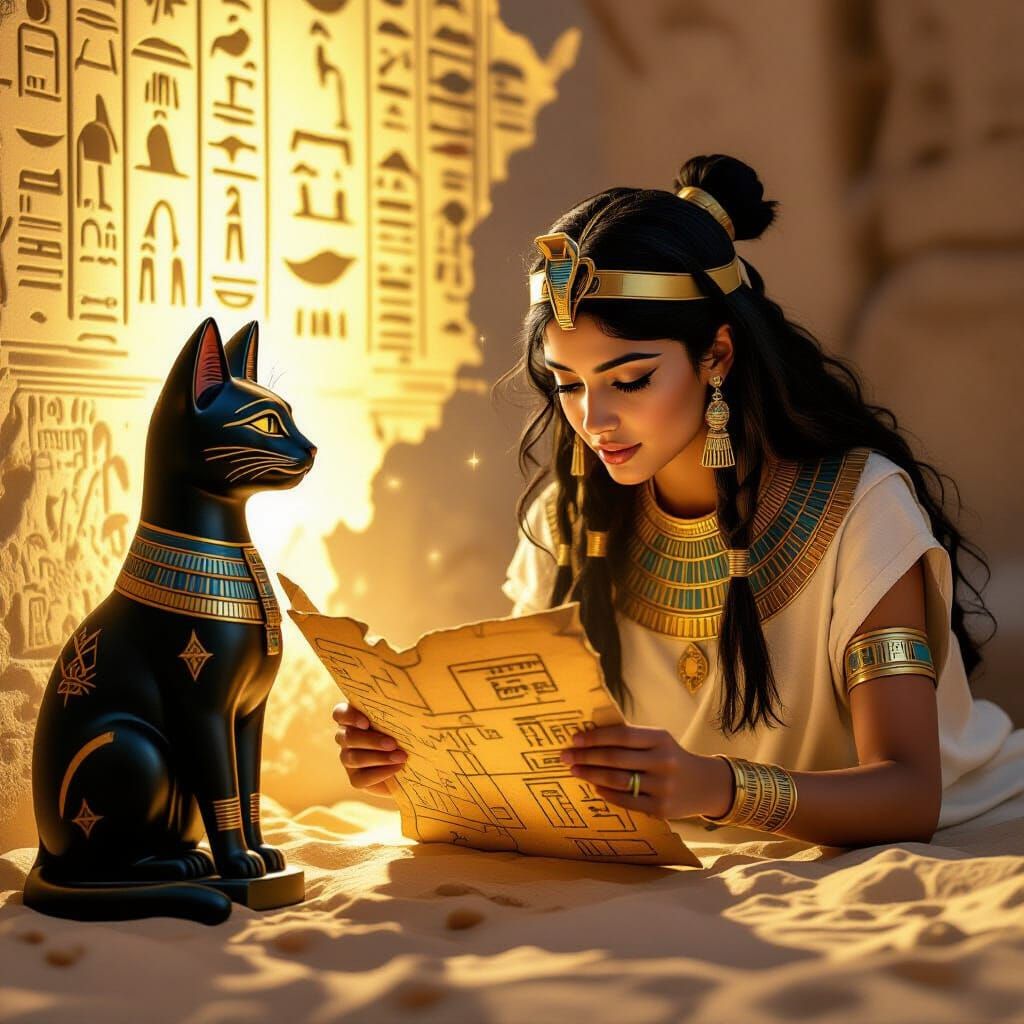 Scribe Uncovers Ancient Map with Glowing Hieroglyphs