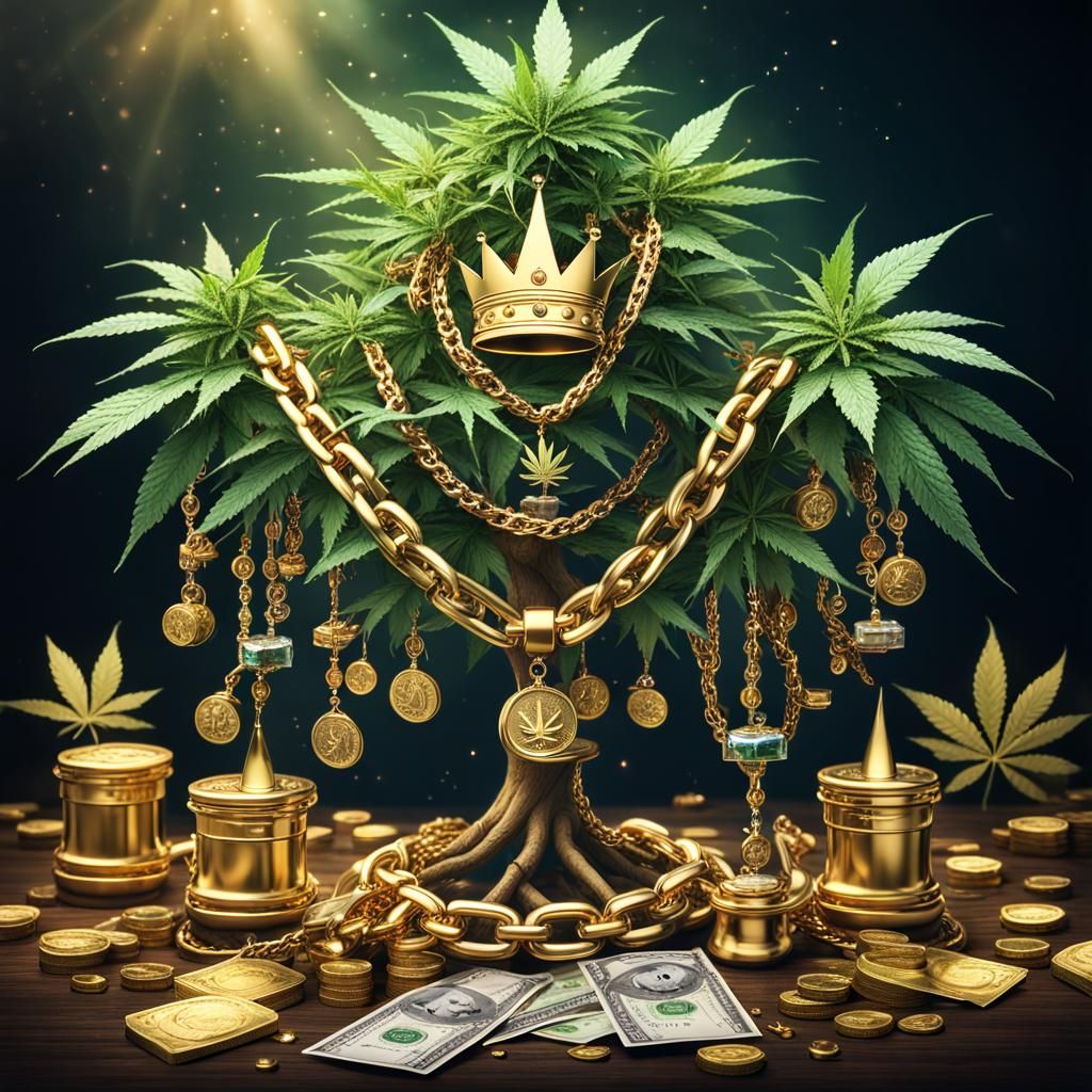 Marijuana Tree with Golden Crown and Jewels
