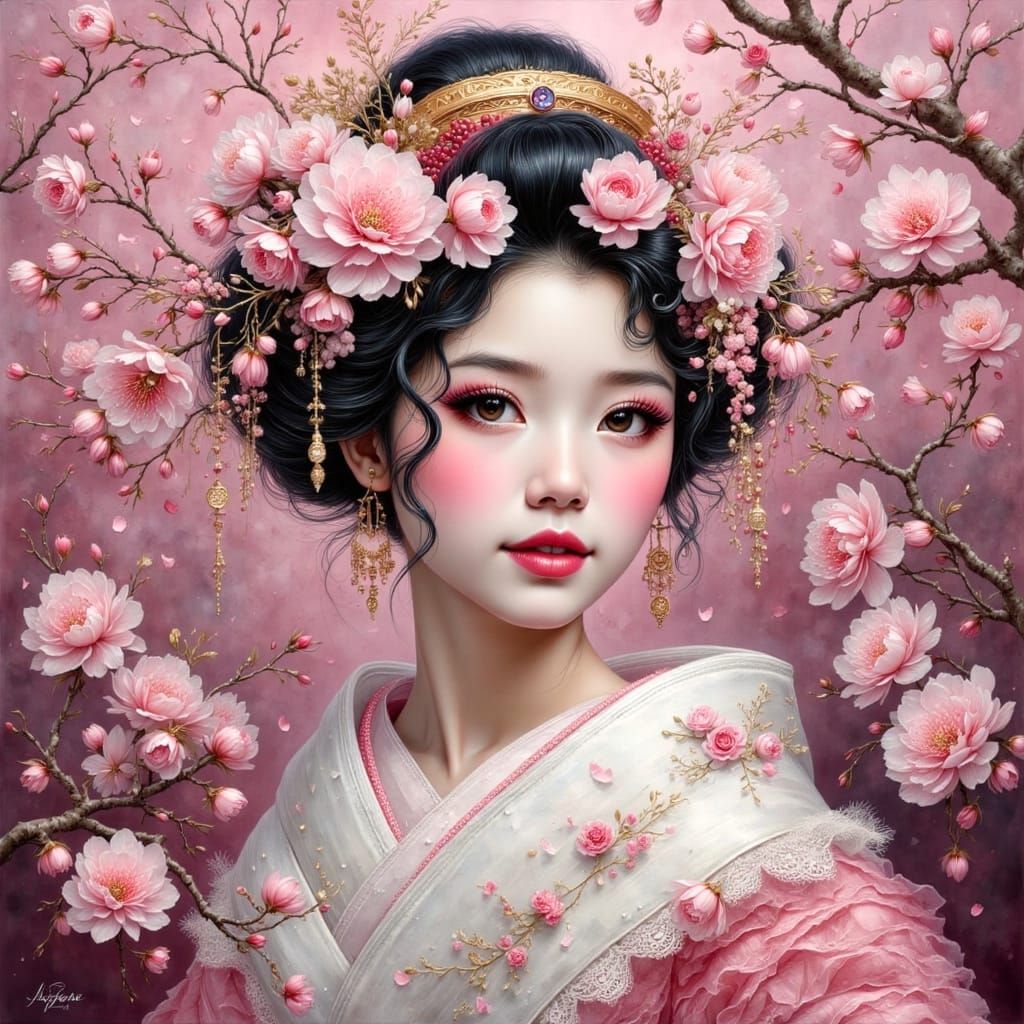 Geisha in Cherry Blossoms: An Impasto Oil Painting