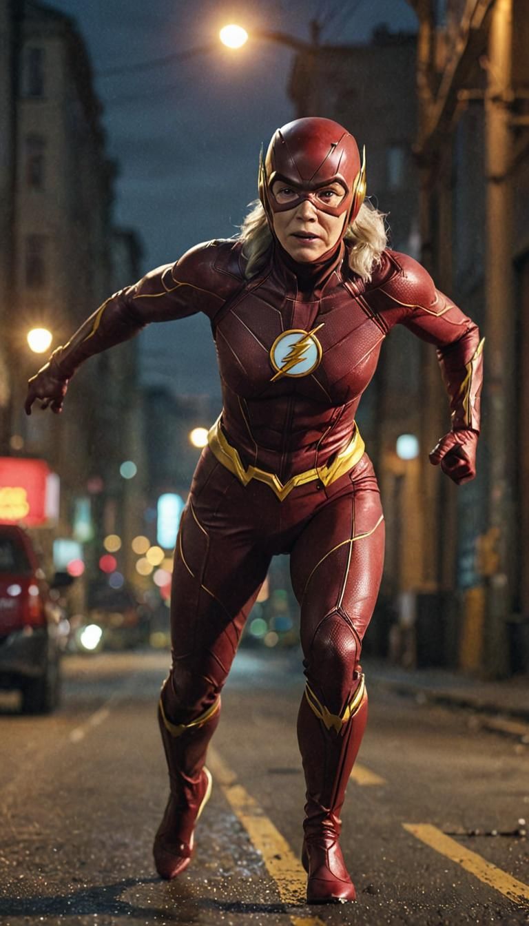 Dynamic Russian Grandmother as Ultra-Fast Flash Superhero