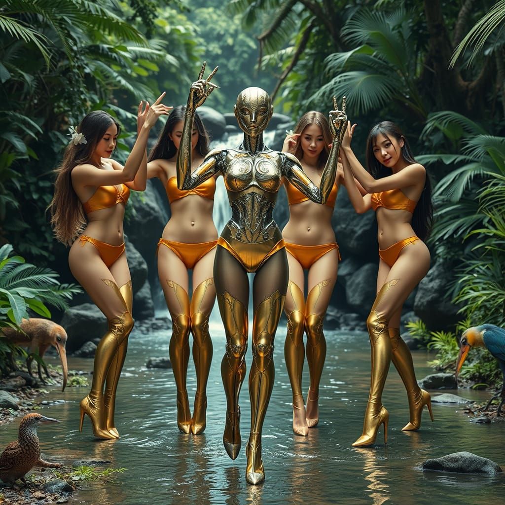 Cyberpunk Goddesses Dance in Tropical Jungle Paradise