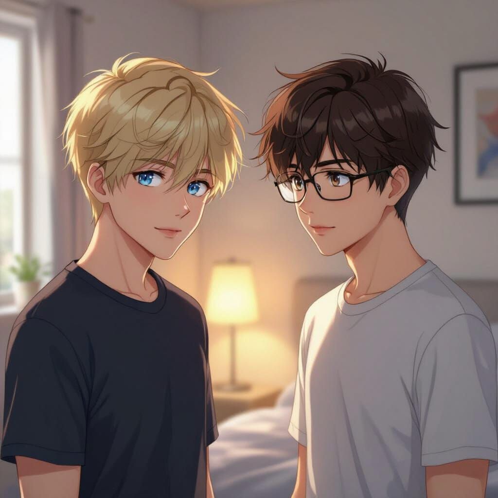 Intimate Moment in Minimalist Bedroom, Anime Style