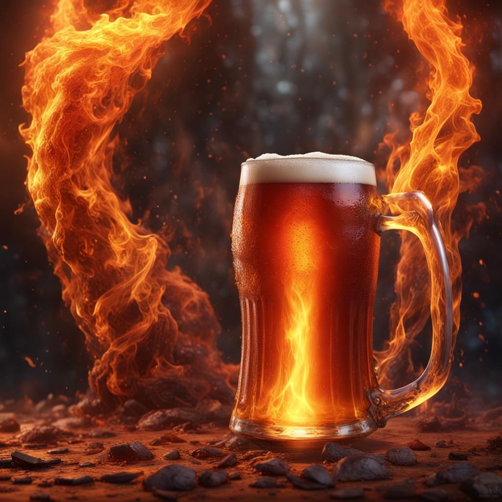 Fiery Beer Bottle: Detailed Fantasy Concept Art
