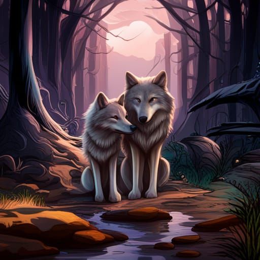 Loving Wolf Couple in Detailed Fantasy Painting