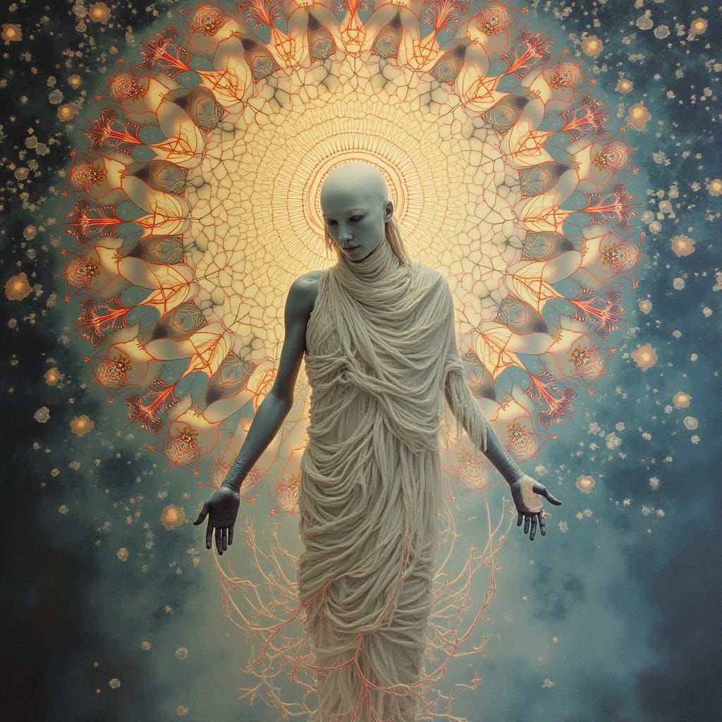 Divine Monk in Luminous Aura, amidst Geometric Organic Forms