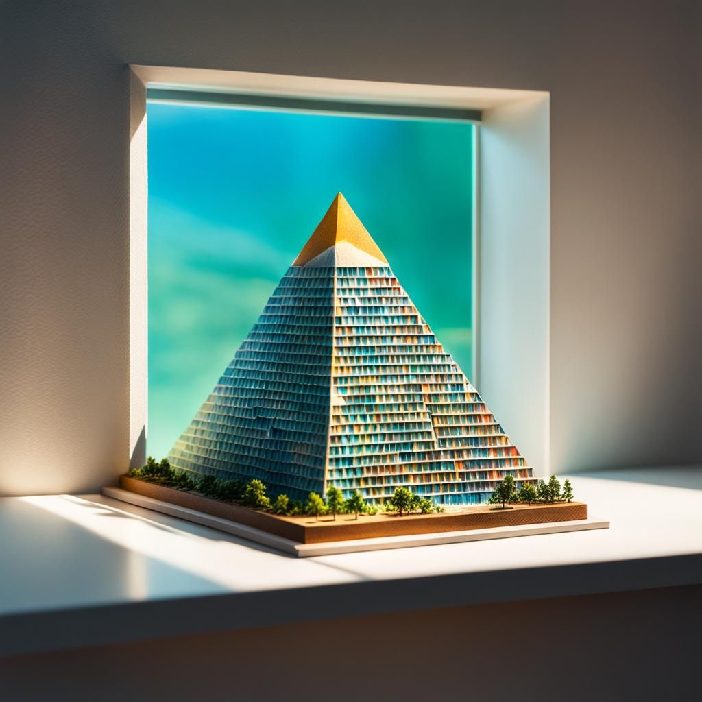 Hyperrealistic Miniature Pyramid Building on Shelf