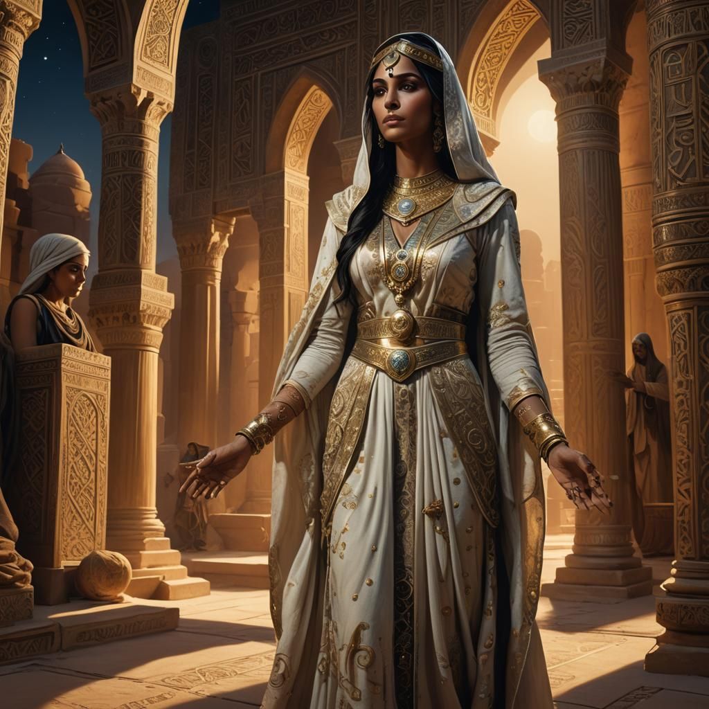 Arabian Priestess in Moonlit Desert Temple