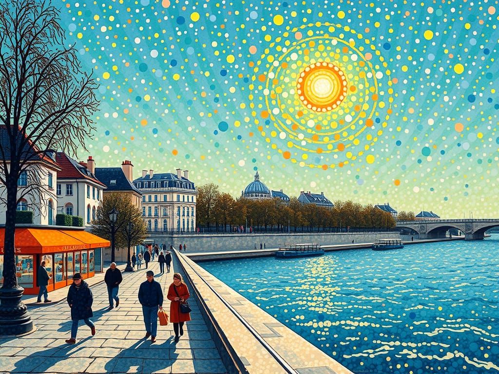 Pointillist Parisian Landscape in Seurat's Style