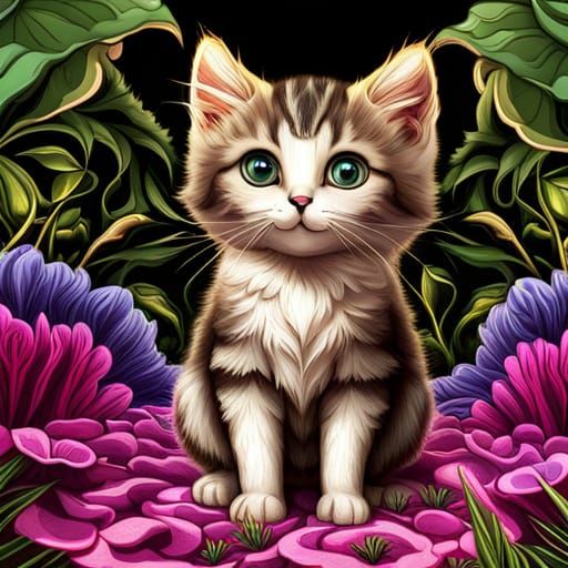 Cute Kitten in Enchanted Flower Garden