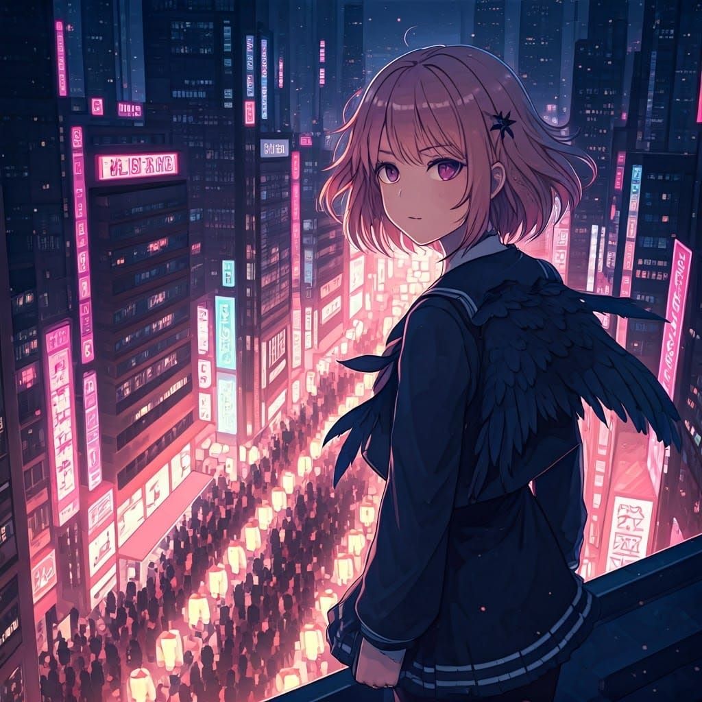 Cyberpunk Teen Overlooking Neon City Festival