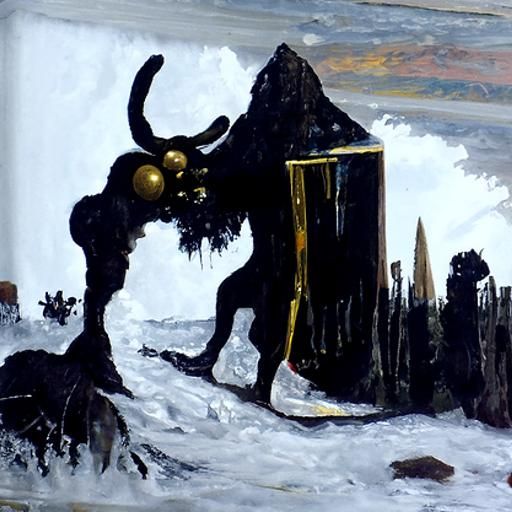 Surreal Krampus and Gold Monolith, Dali Style