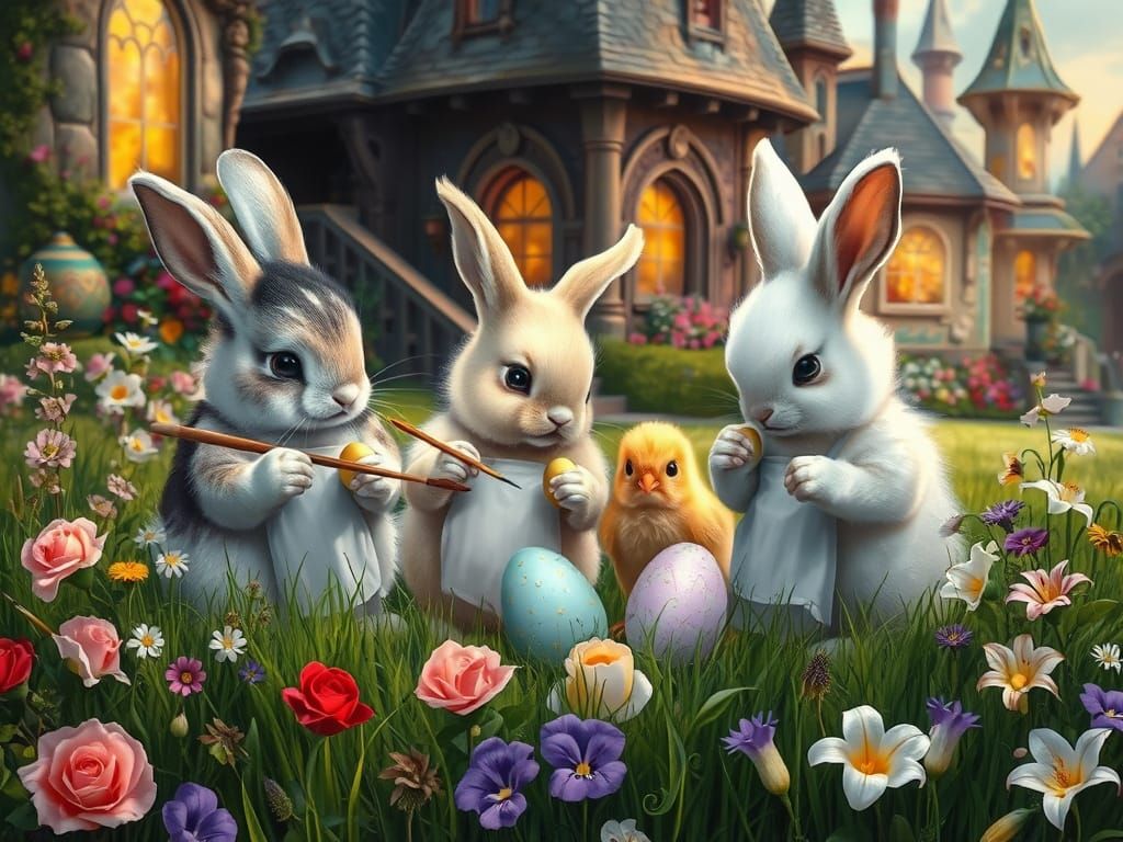 Bunnies Painting Easter Eggs in a Flower Meadow