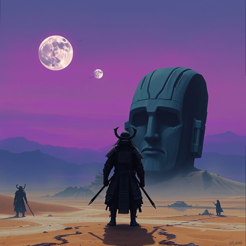 Samurai Meditation Before Ancient Desert Head