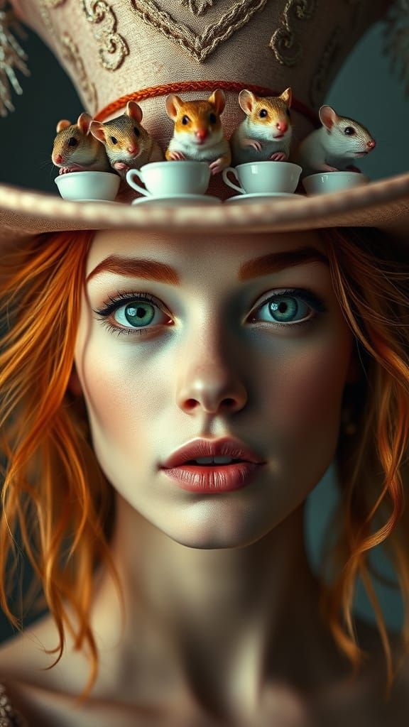 Woman's Face with Surreal Miniature Tea Table Hat