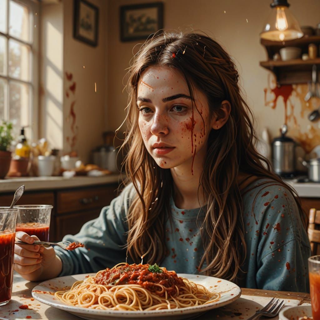 Girl Eating Spaghetti in Vintage Kitchen, Digital Art