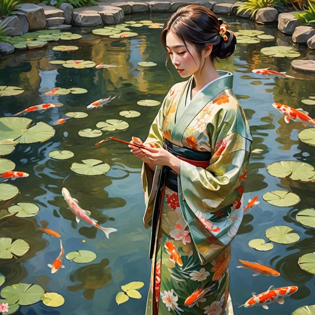 Girl in Kimono by Koi Pond: Impressionist Digital Art