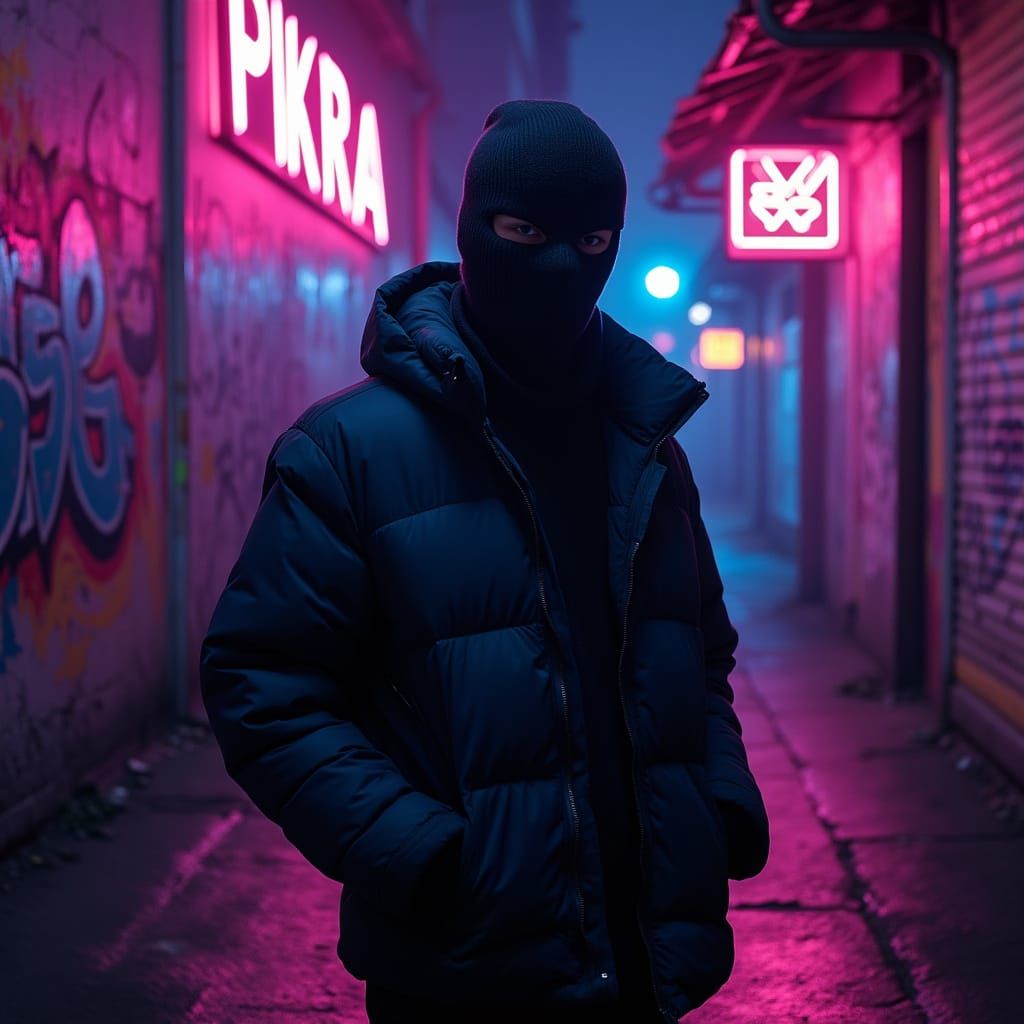 Neon Alley Masked Figure in Cyberpunk Style