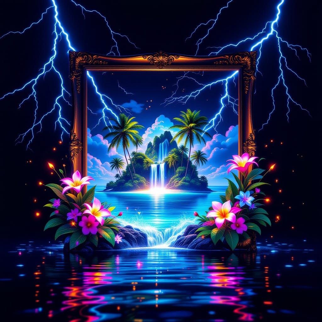 Holographic Tropical Island Emerges from Lightning Storm