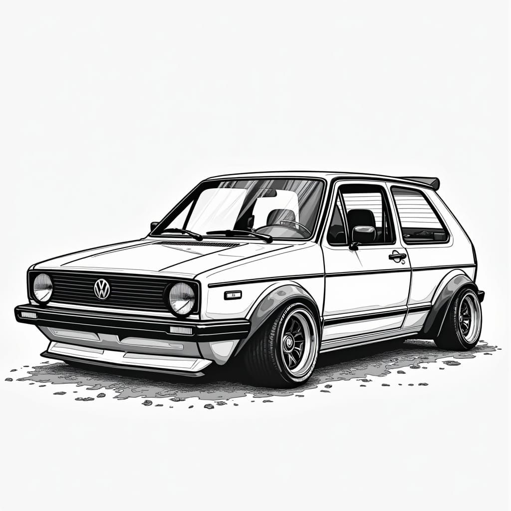 Custom VW Golf GTI in Coloring Book Style