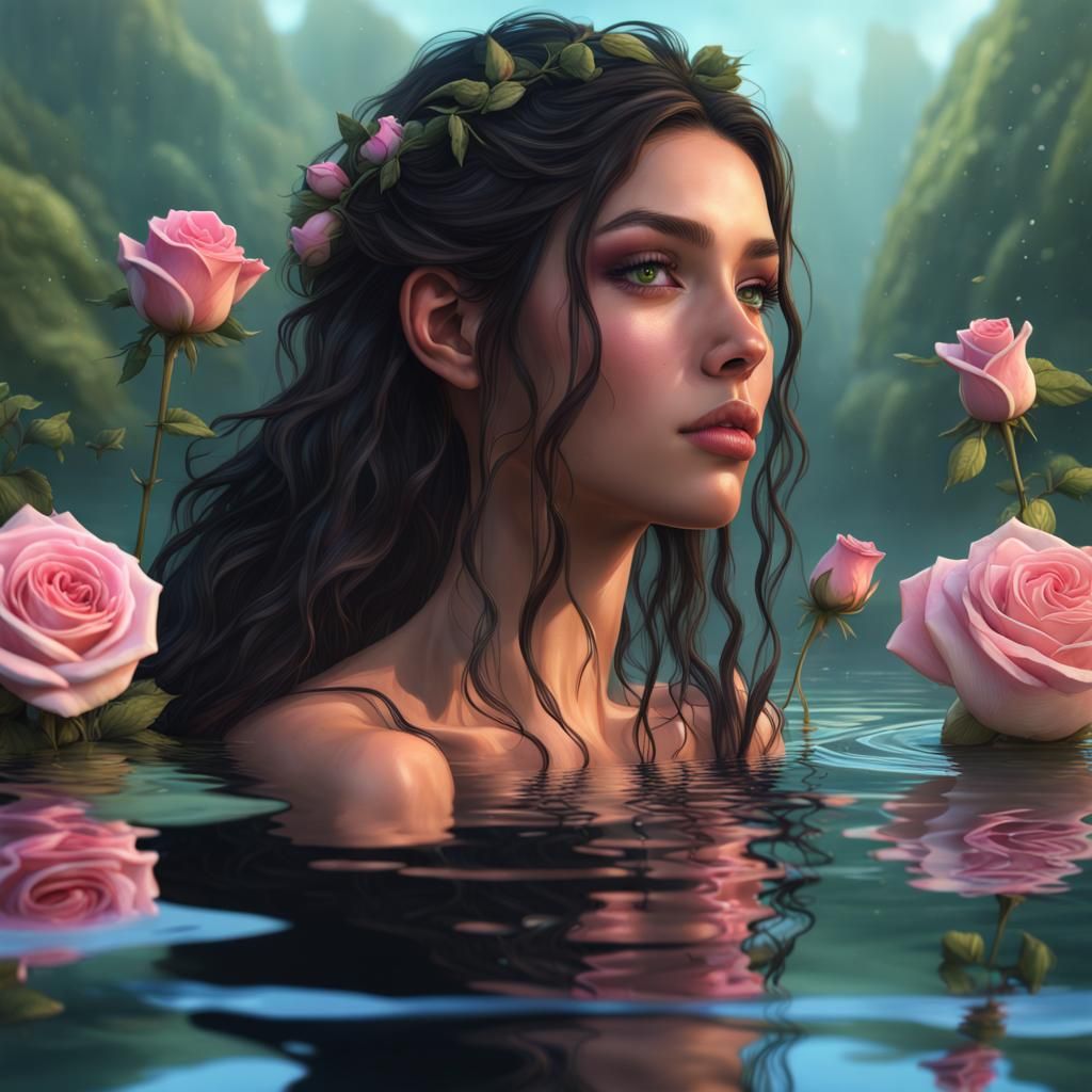 Girl with Roses Reflecting on Water: Digital Art