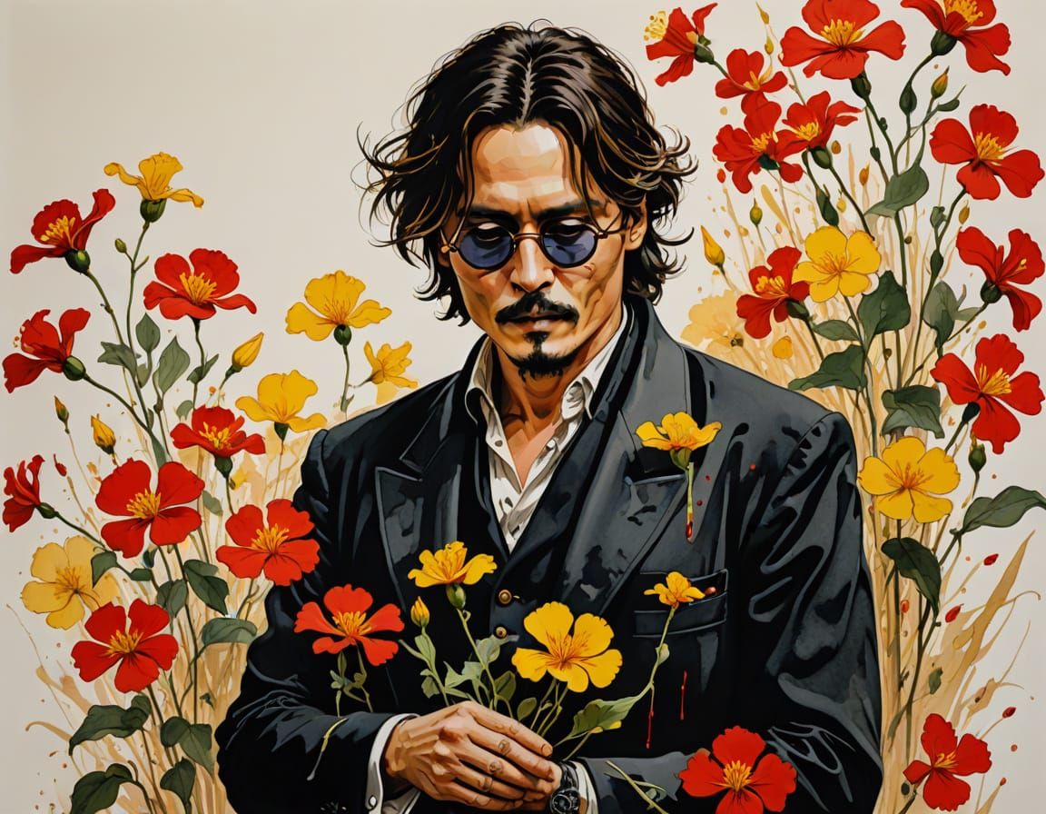 Johnny Depp Ink Portrait with Primrose in Indian Style