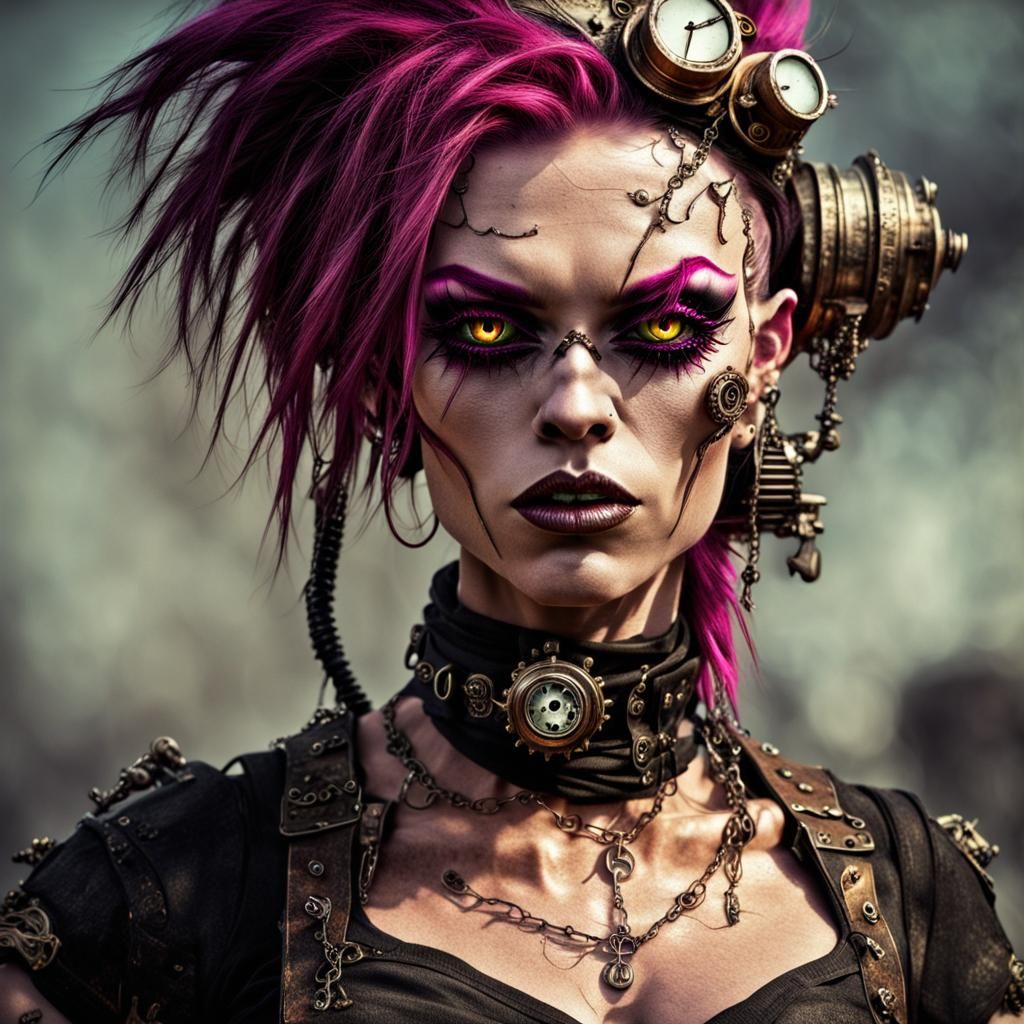 Steampunk Punk Rock Goblin Girl with Pink Eyes