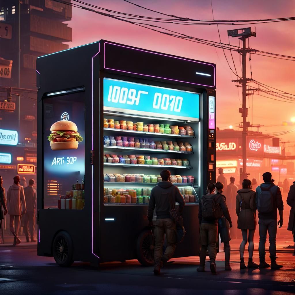 Futuristic Food Truck in Cyberpunk Cityscape