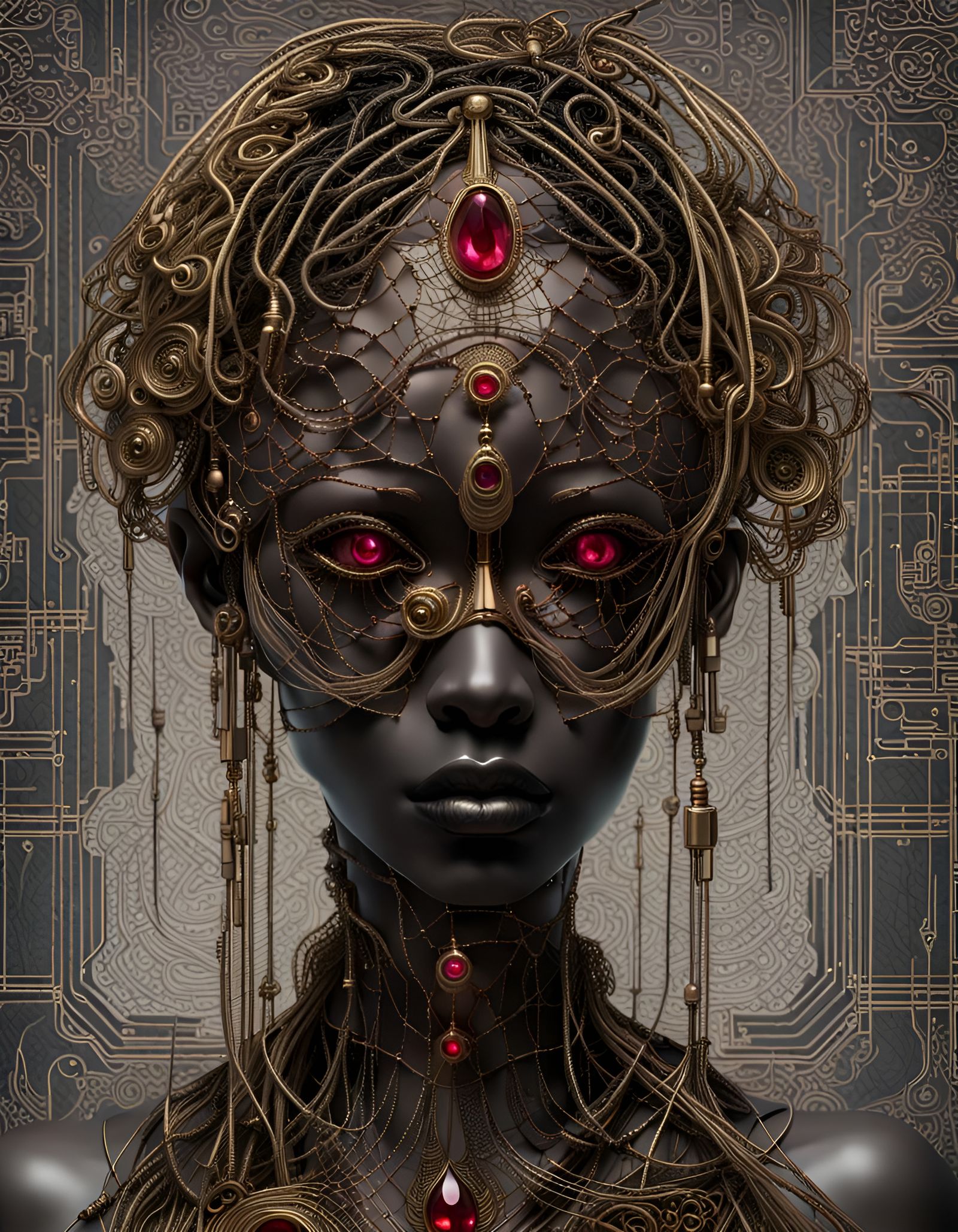 Surreal Silver Woman with Ruby Eyes in Cyberpunk Style