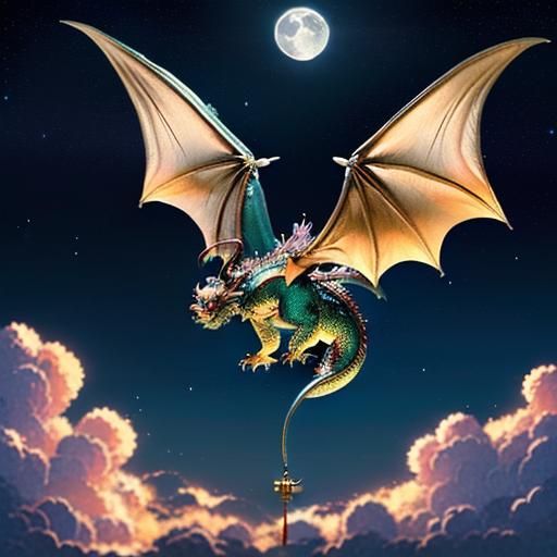 Anime Dragon Flight Under Starry Moonlit Sky