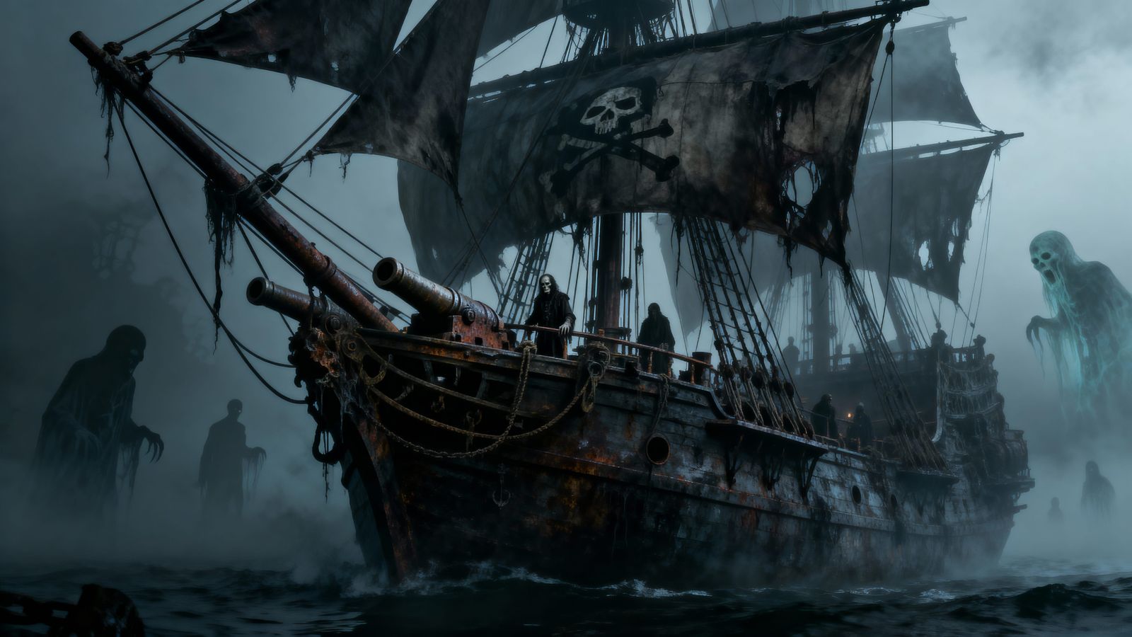 Haunted Pirate Ship in Dark Fog, Double Exposure Horror