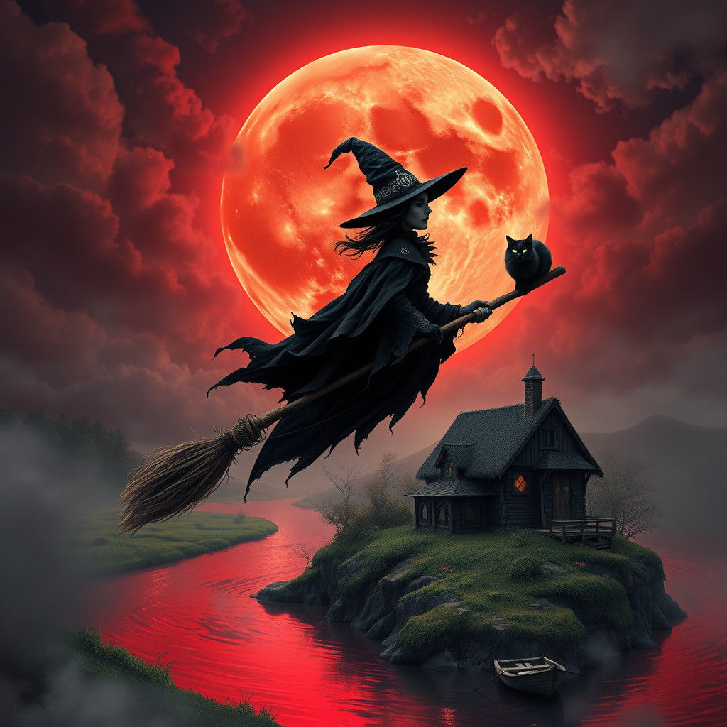 Gothic Witch Soaring to Cottage in Dark Romanticism Style