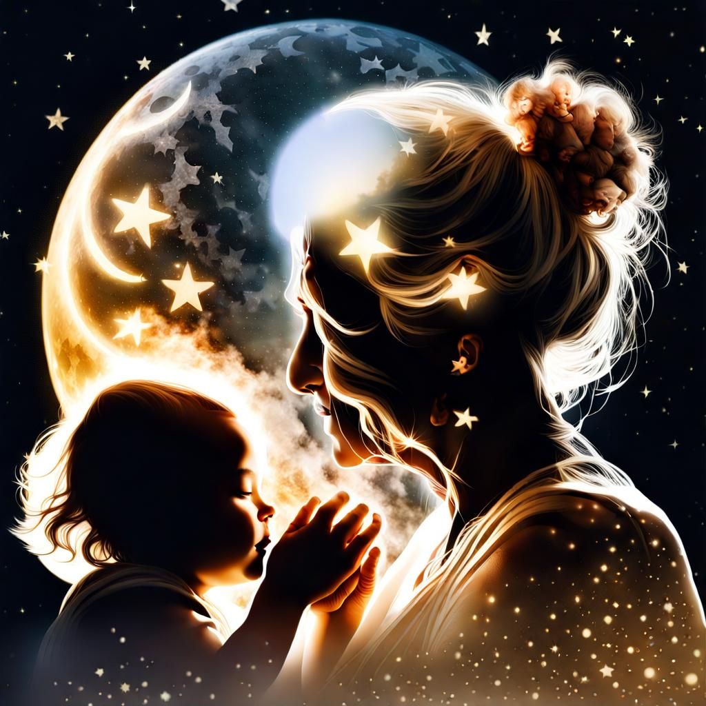 Ethereal Double Exposure: Grandmother, Grandchild, and Cosmo...