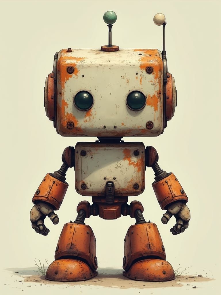 Square Robot with Rusty Metal Texture, Cel-Shaded Style