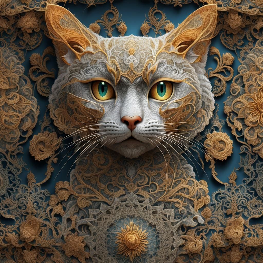 Hyperrealistic Lace Cat on Lace Mantelpiece