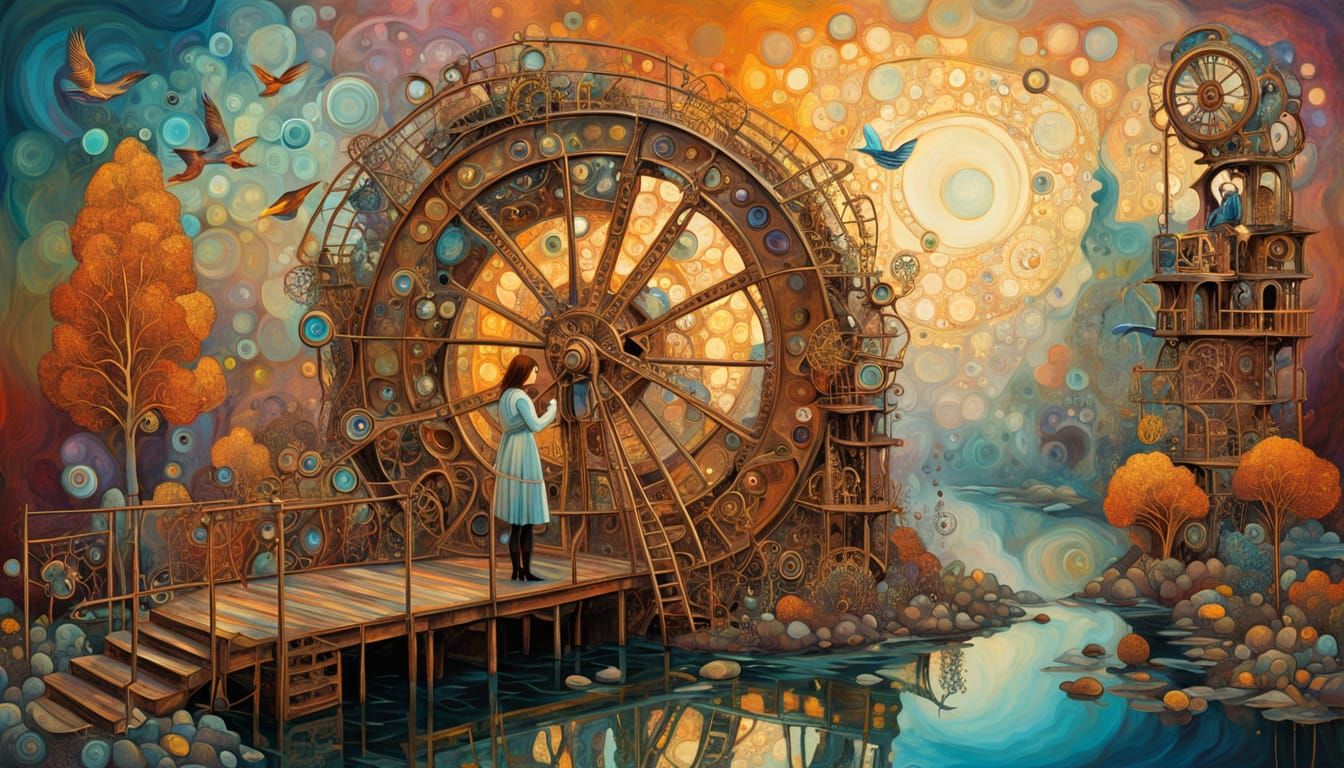Ethereal Steampunk Scene with Mystical Woman and Waterwheel