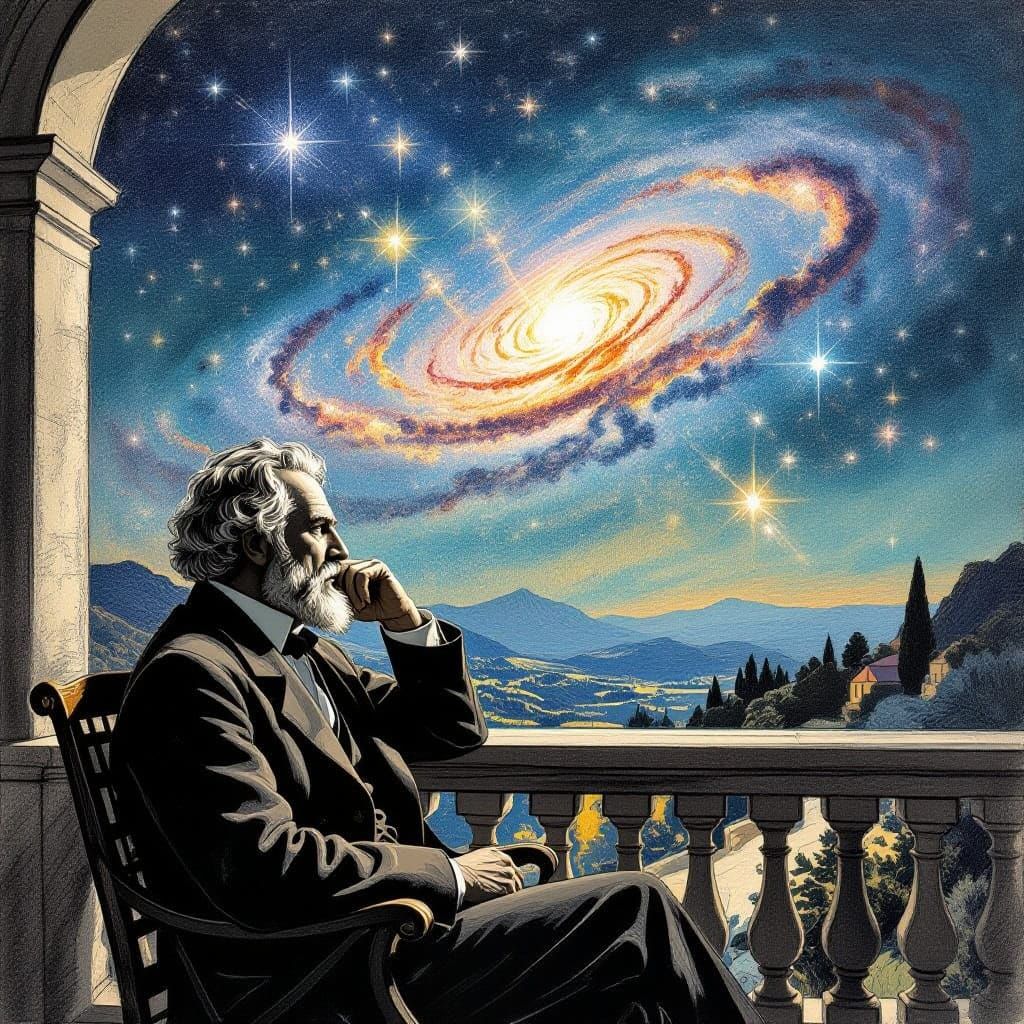 Nietzsche Contemplates Cosmos in Pencil Sketch Style