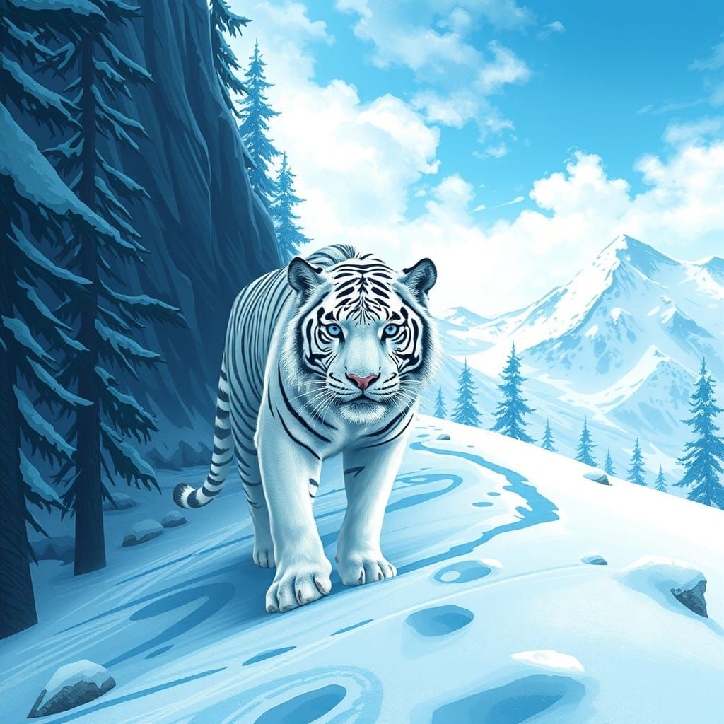 Majestic White Tiger Descends Snowy Mountain in Dreamy Digit...
