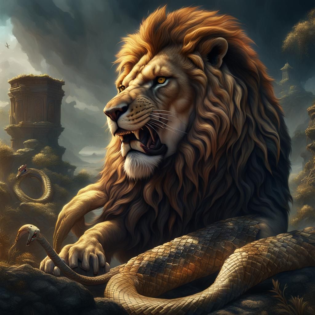 Lion About to Eat Snake: Fantasy Concept Art