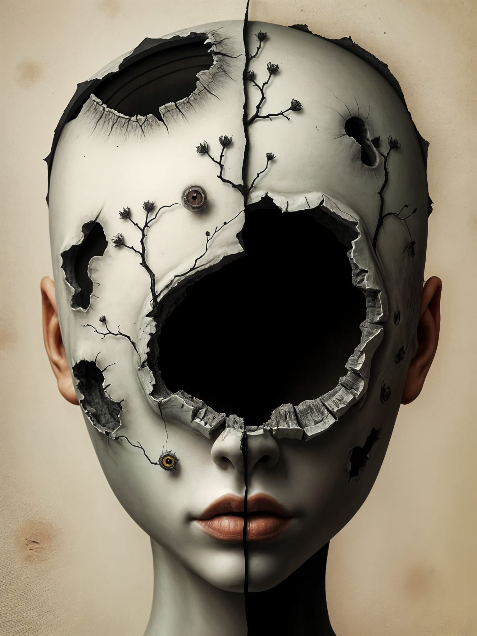 Surreal Duality Portrait with Eroded Skin