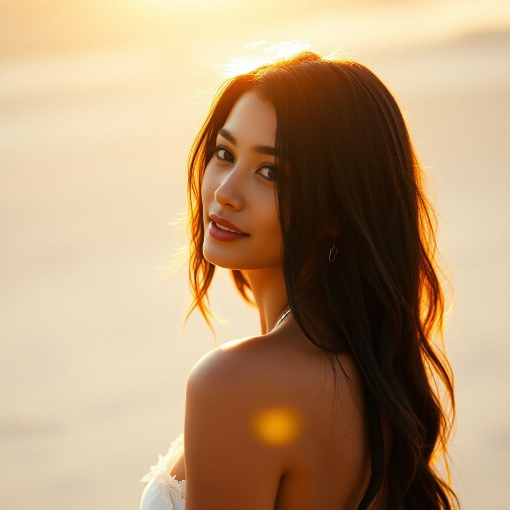 Radiant Young Woman in Cinematic Film Still with Golden Brow...