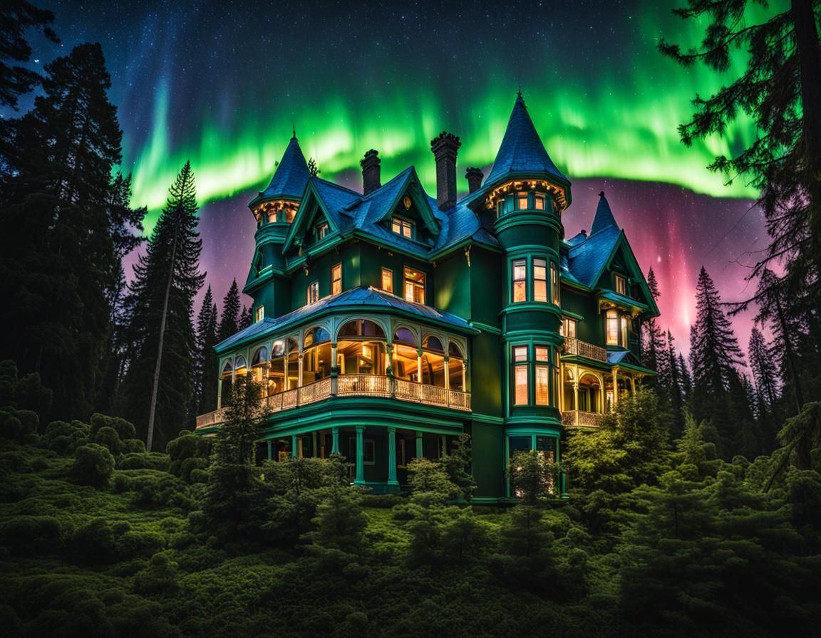 Victorian Mansion Under Northern Lights in PNW Forest