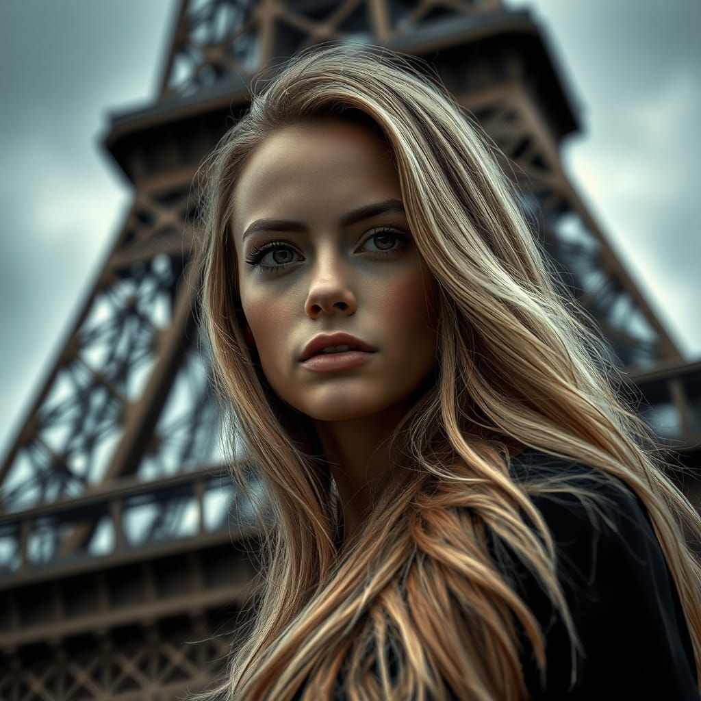 Ethereal Woman Against Parisian Icon in Hyper-Realistic Port...