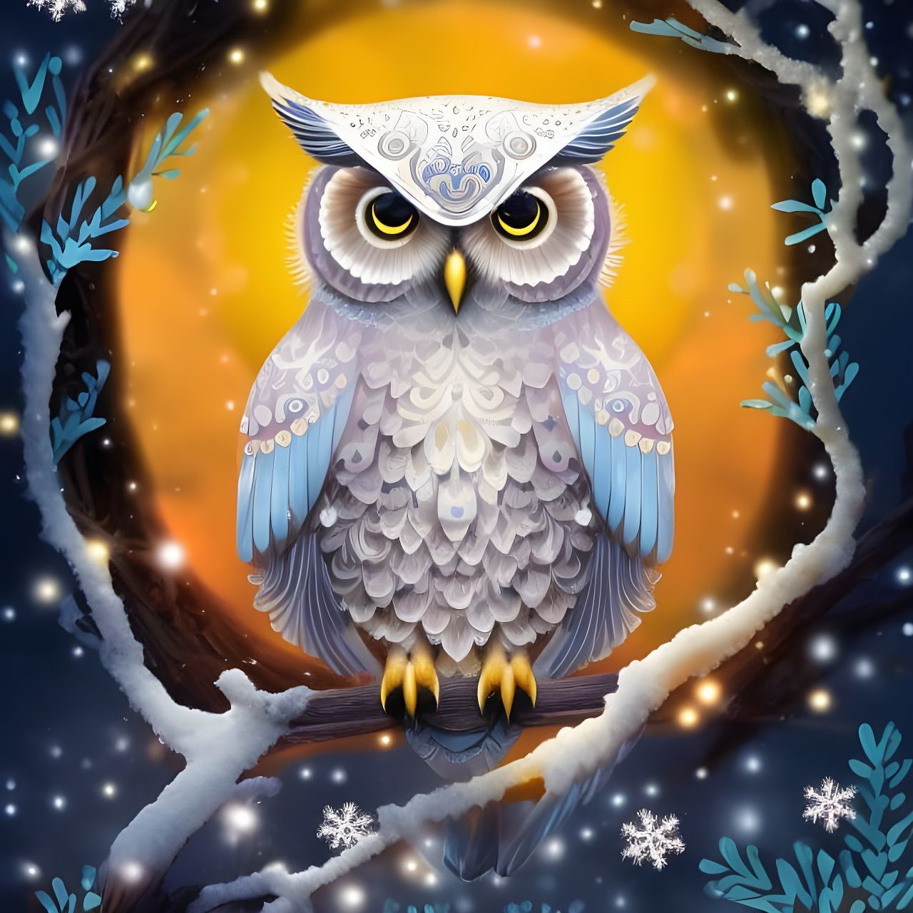 Intricate Winter Owl Made of Flowers and Snowflakes