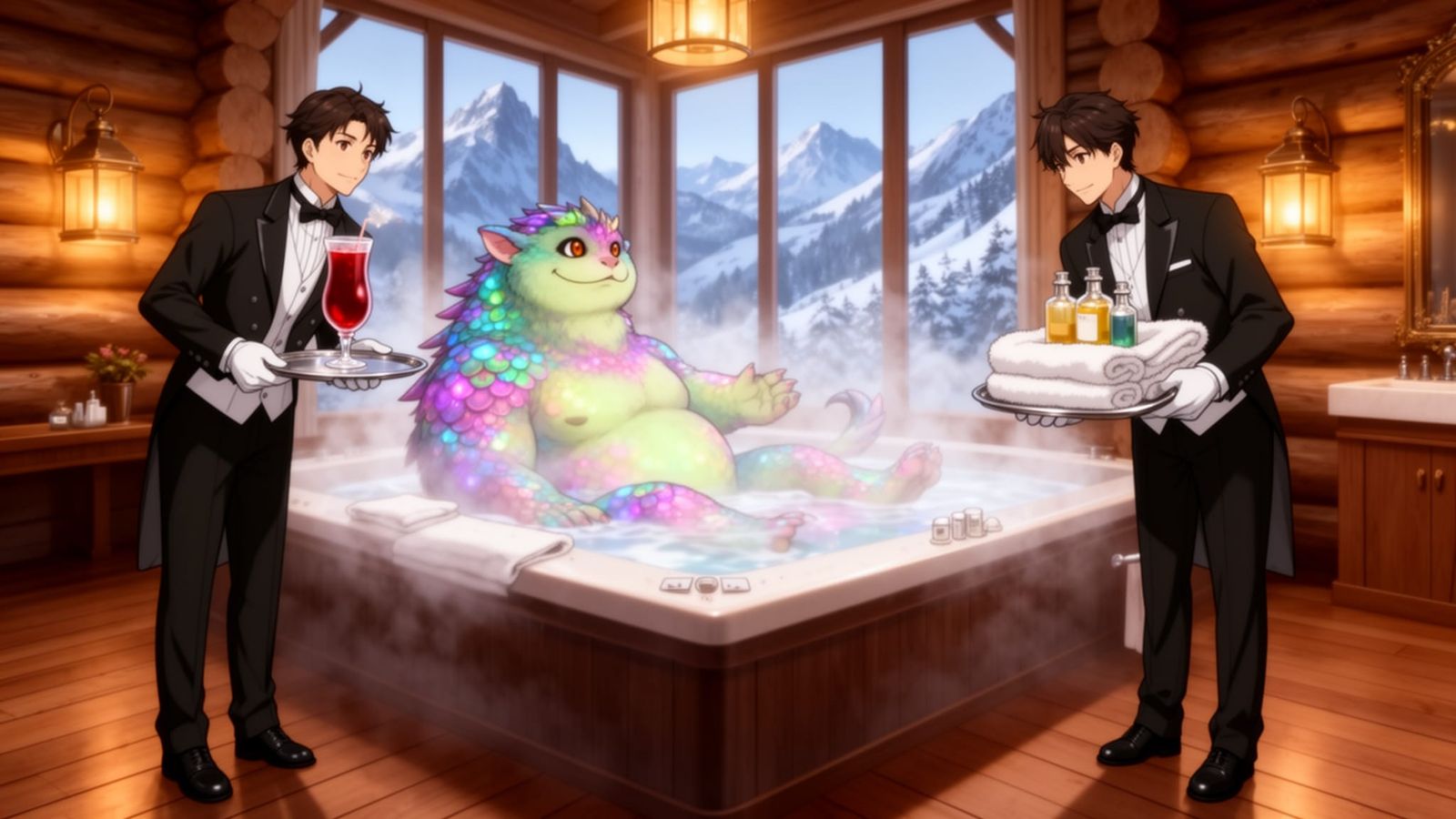 Cute Monster Enjoys Hot Tub at Luxury Mountain Spa