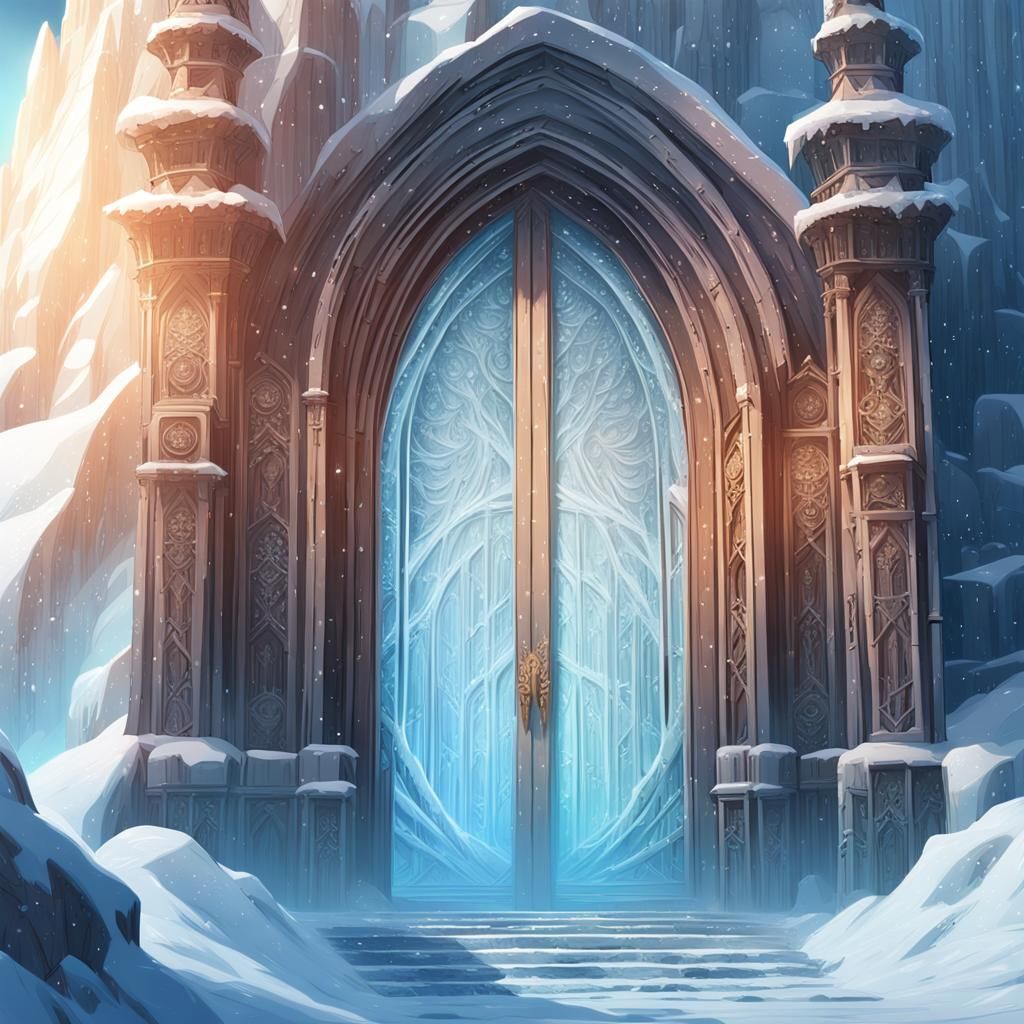 Majestic Ice Castle with Wooden Door, Anime Style