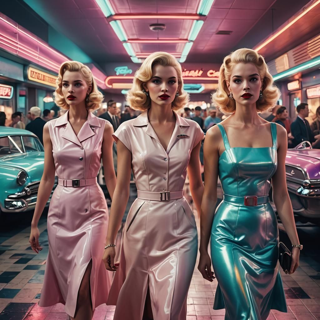 Retro-Futuristic Diner Scene with Three Women