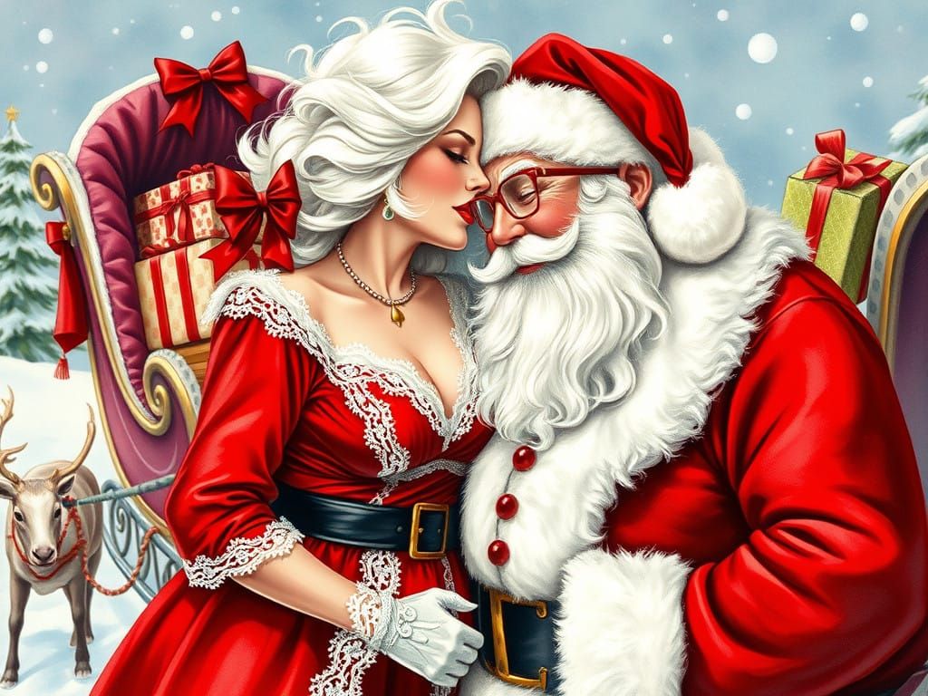 Vintage-Style Santa and Mrs. Claus Share a Romantic Winter K...